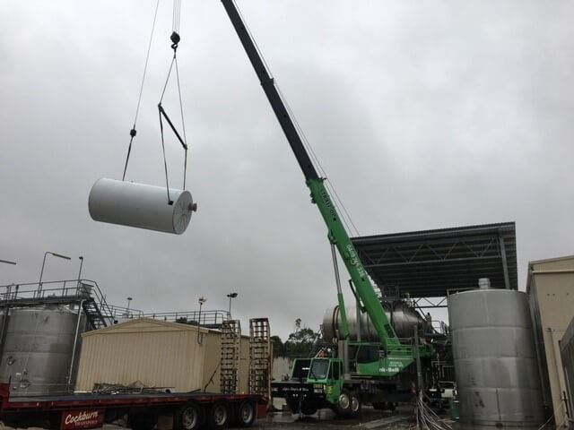 Cranage and rigging for relocation of stainless steel tanks at local Mudgee winery