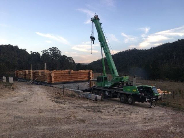 Cranage supply for construction of log cabin at Meroo near Mudgee